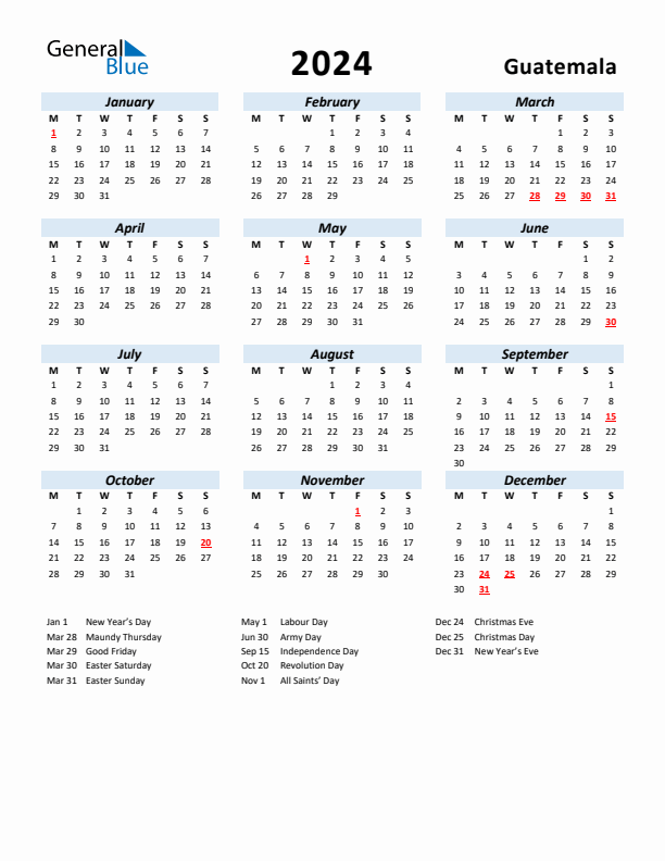2024 Calendar for Guatemala with Holidays