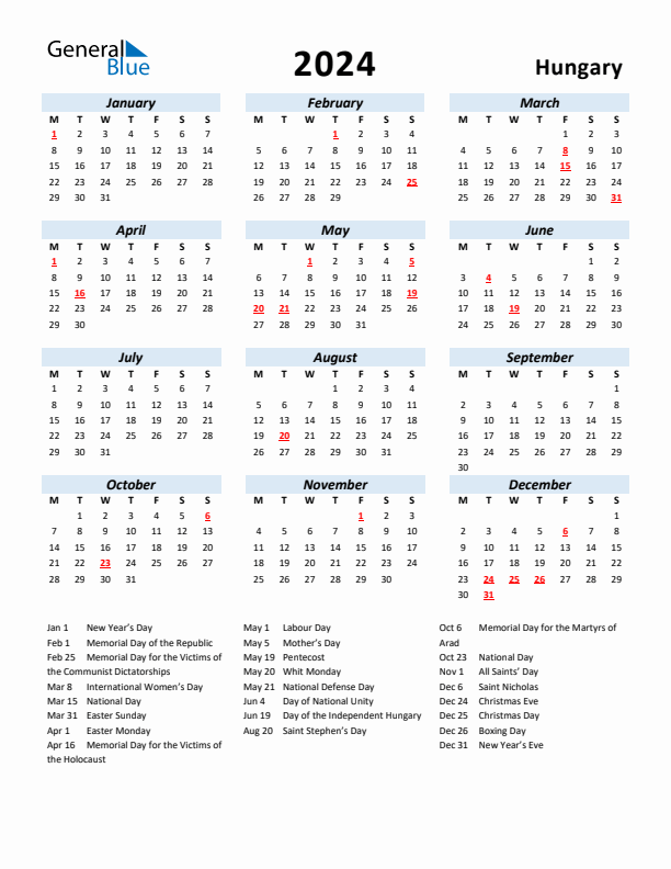 2024 Yearly Calendar for Hungary with Holidays
