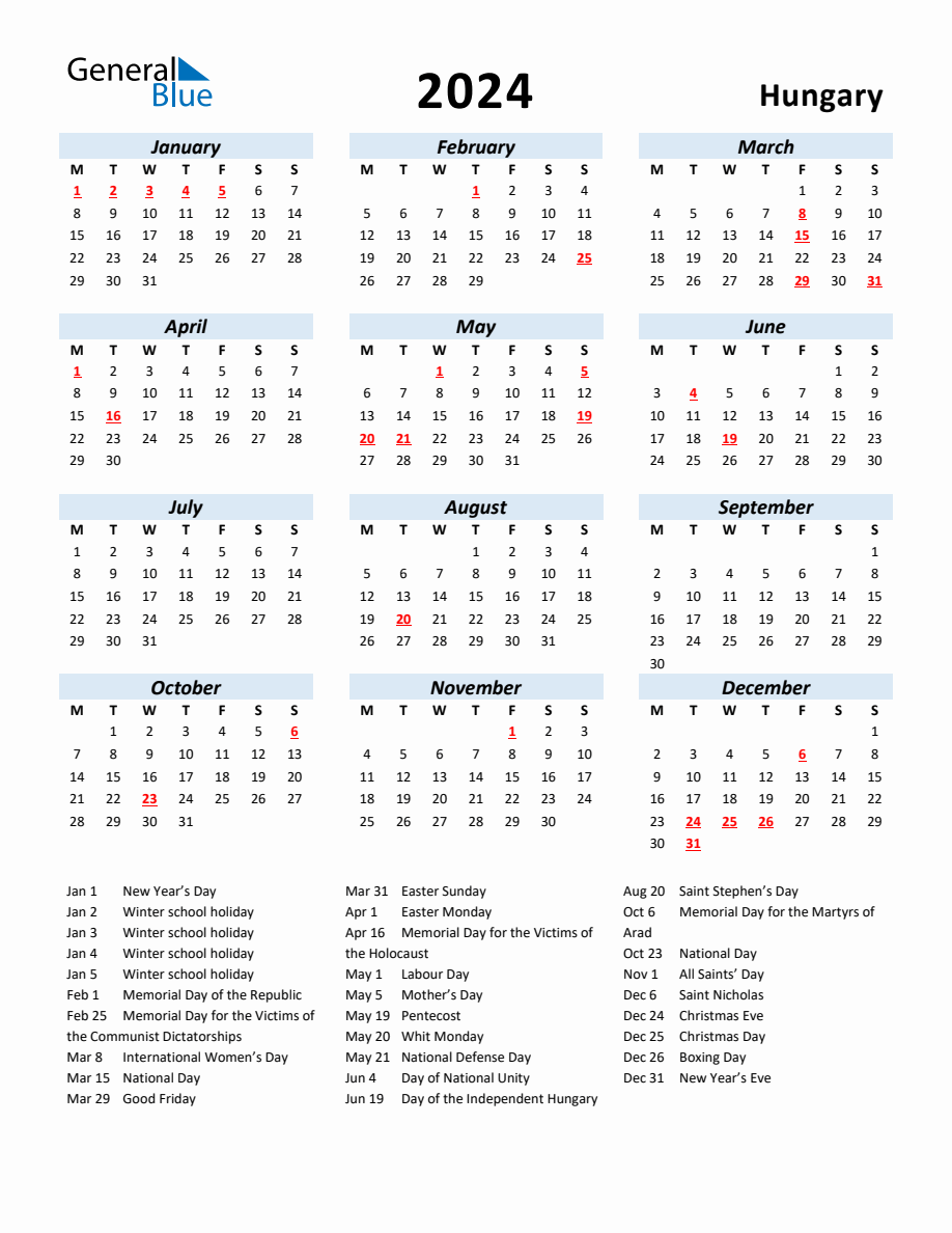 2024 Yearly Calendar for Hungary with Holidays