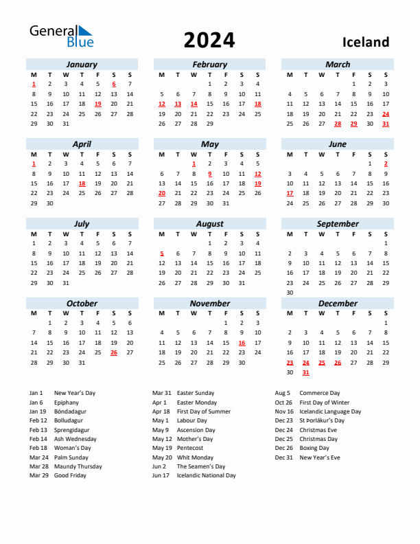 2024 Calendar for Iceland with Holidays