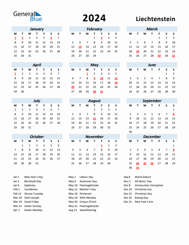 2024 Calendar for Liechtenstein with Holidays