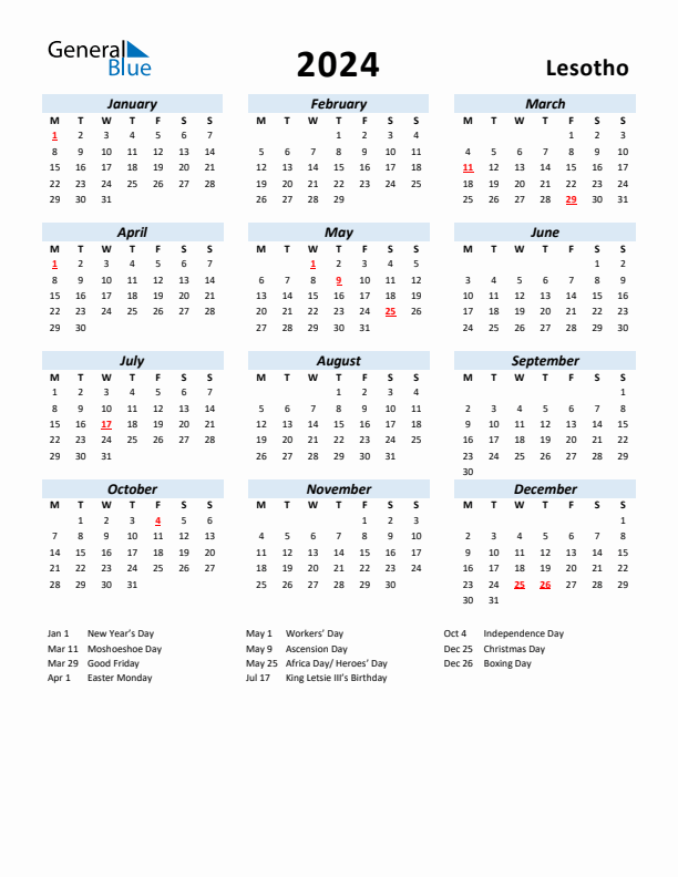 2024 Calendar for Lesotho with Holidays