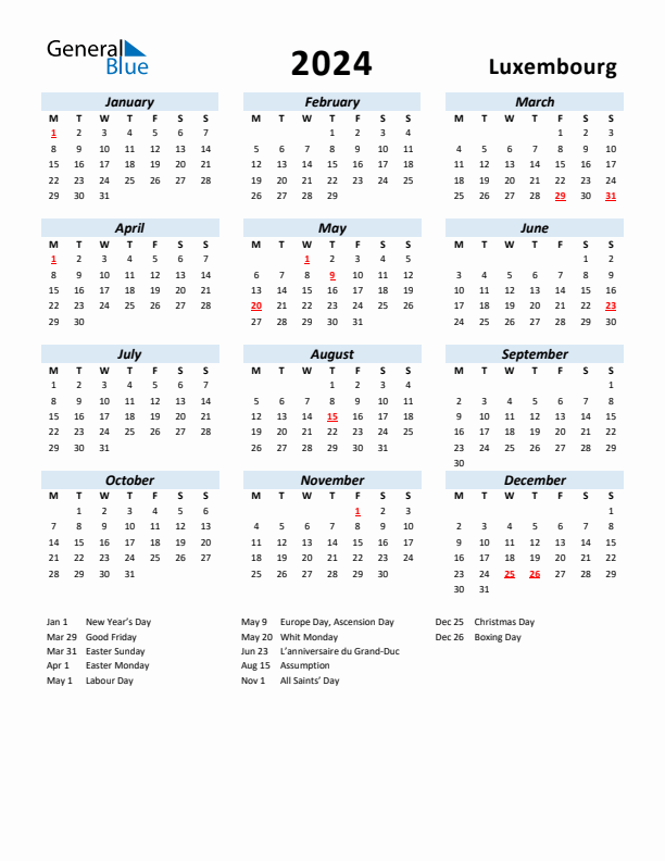 2024 Luxembourg Calendar with Holidays