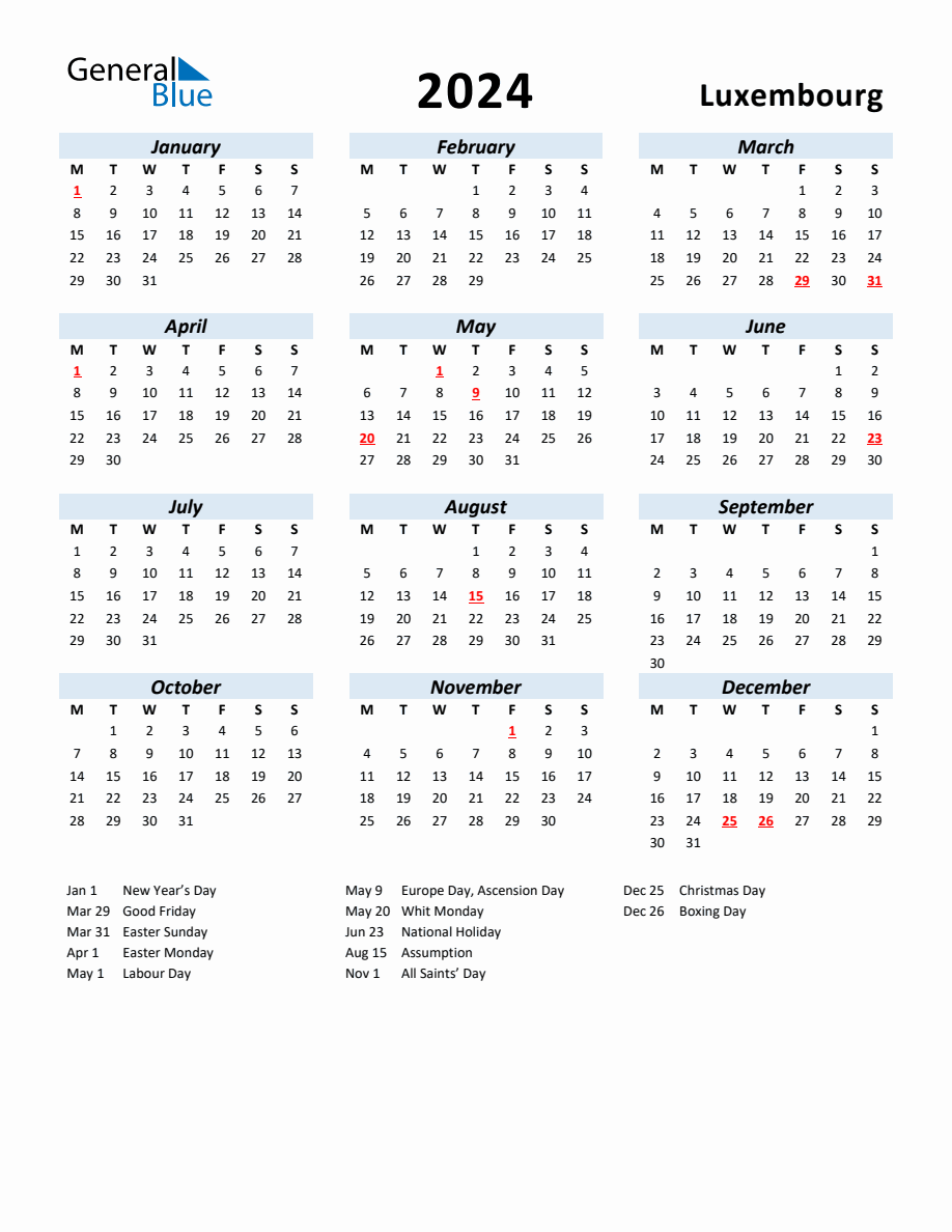 2024 Yearly Calendar for Luxembourg with Holidays