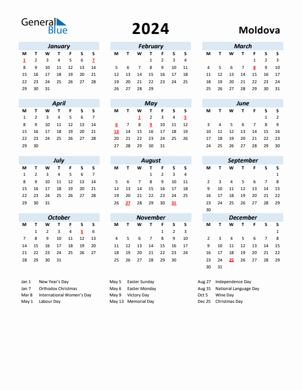 2024 Calendar for Moldova with Holidays