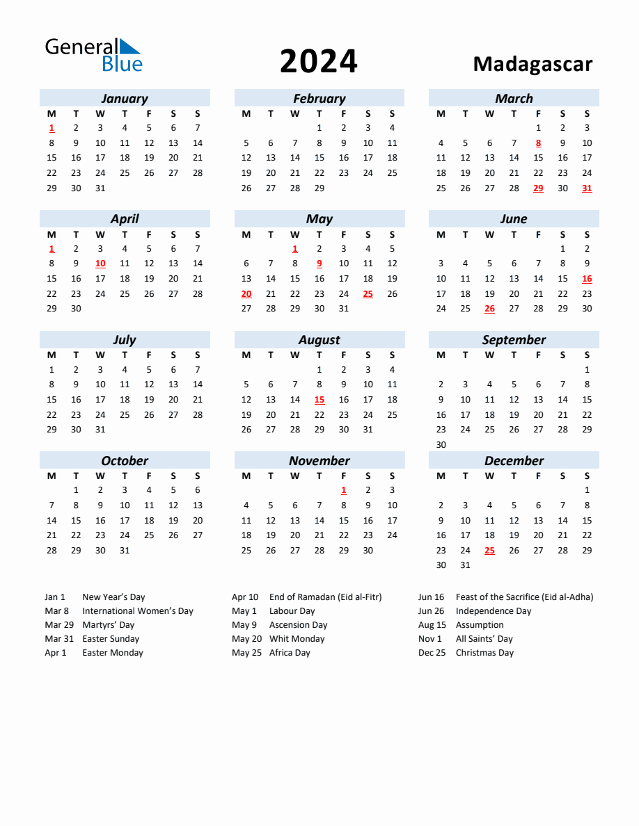 2024 Yearly Calendar for Madagascar with Holidays