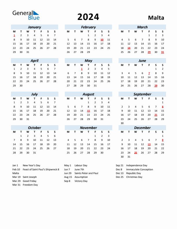 2024 Yearly Calendar for Malta with Holidays