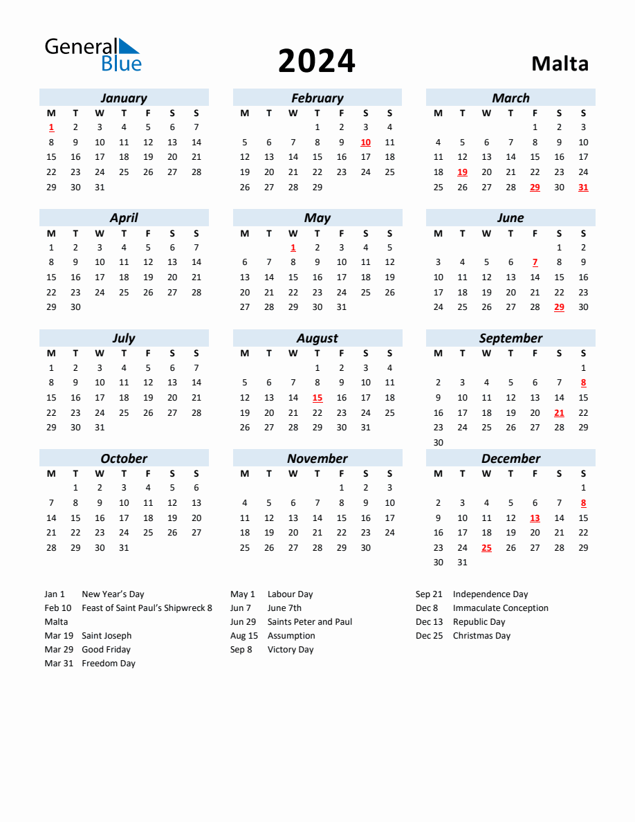 2024 Yearly Calendar for Malta with Holidays