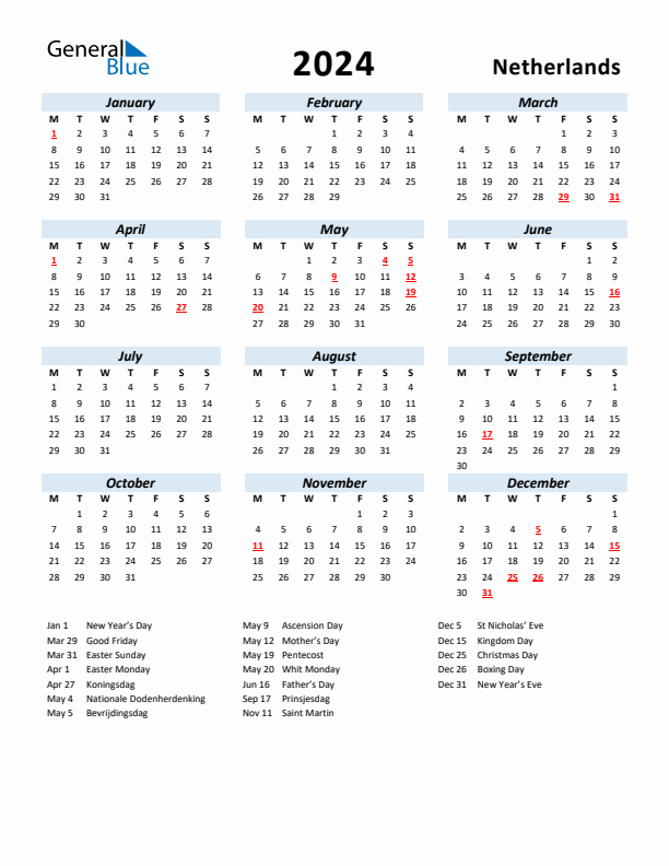 2024 Calendar for The Netherlands with Holidays