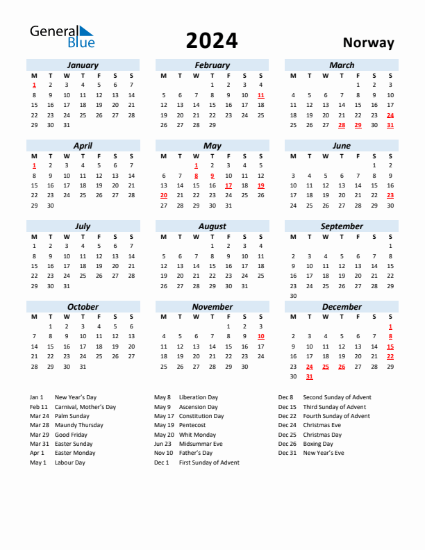 2024 Yearly Calendar for Norway with Holidays