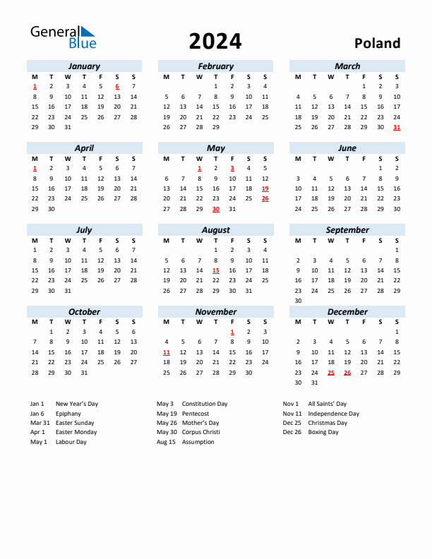 2024 Calendar for Poland with Holidays