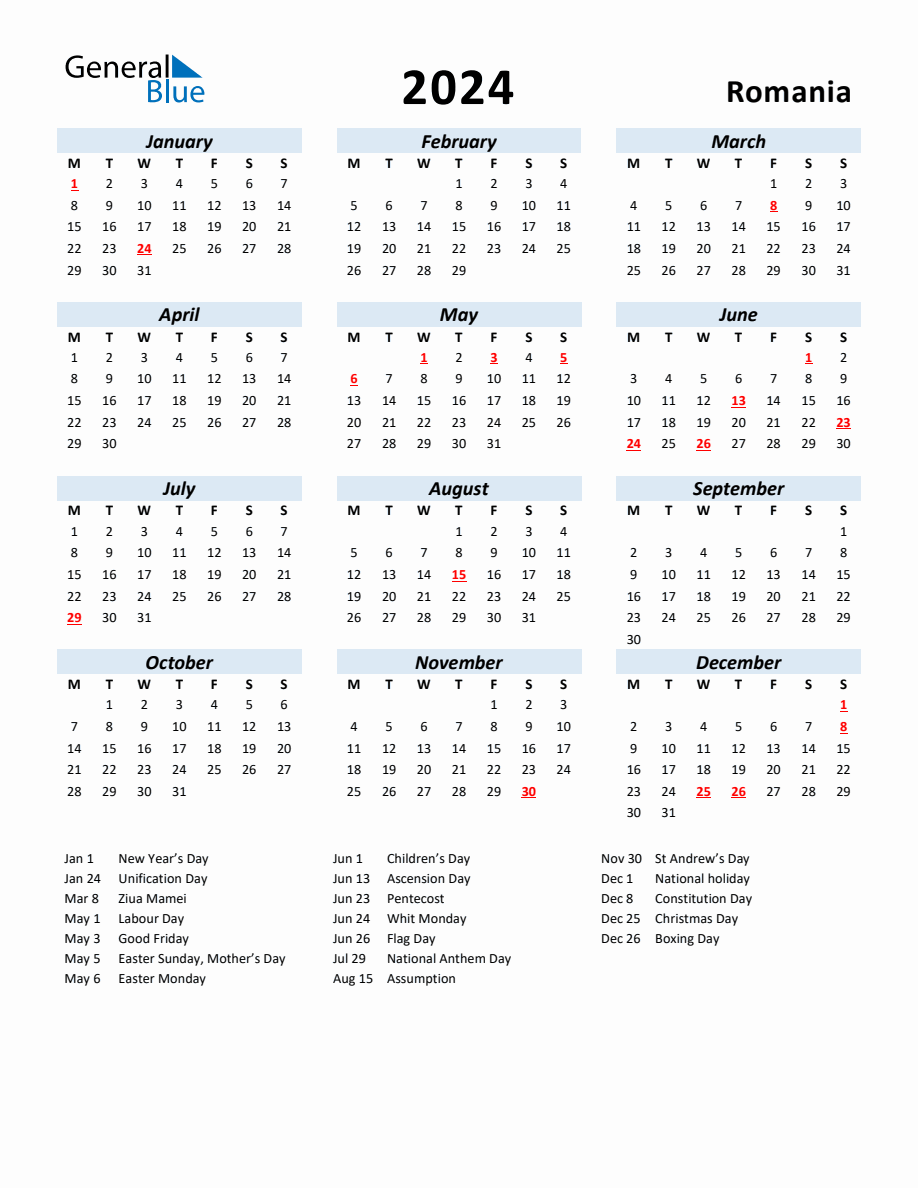 2024 Yearly Calendar for Romania with Holidays