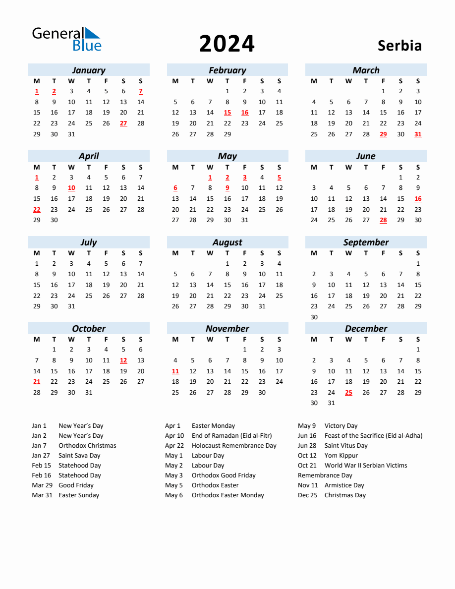 2024 Yearly Calendar for Serbia with Holidays