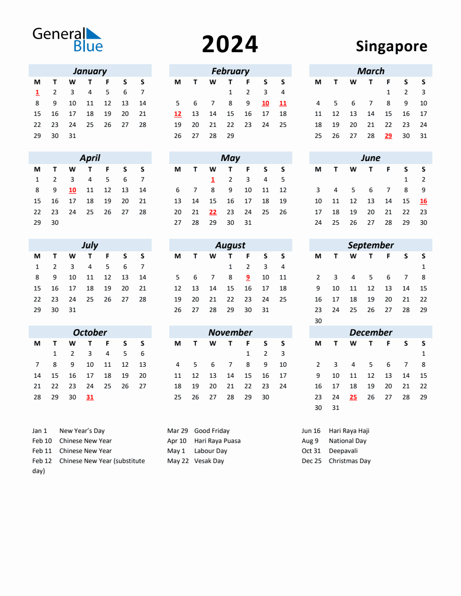 2024 Yearly Calendar for Singapore with Holidays
