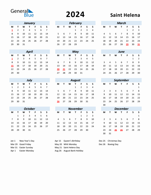 2024 Calendar for Saint Helena with Holidays