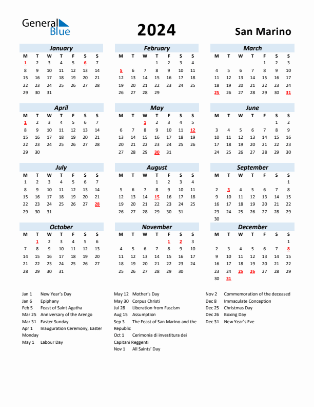 2024 Calendar for San Marino with Holidays