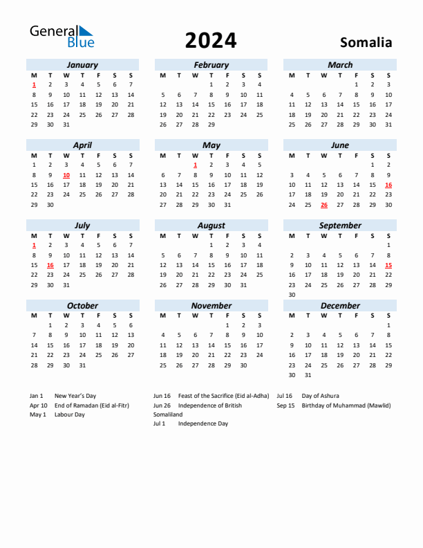 2024 Calendar for Somalia with Holidays