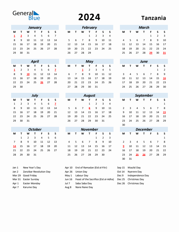 2024 Holiday Calendar for Tanzania Monday Start