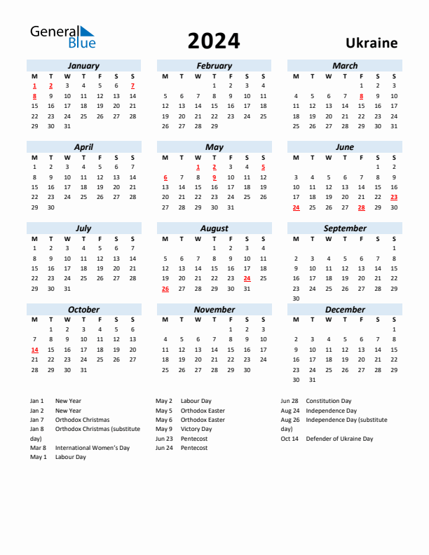 2024 Calendar for Ukraine with Holidays