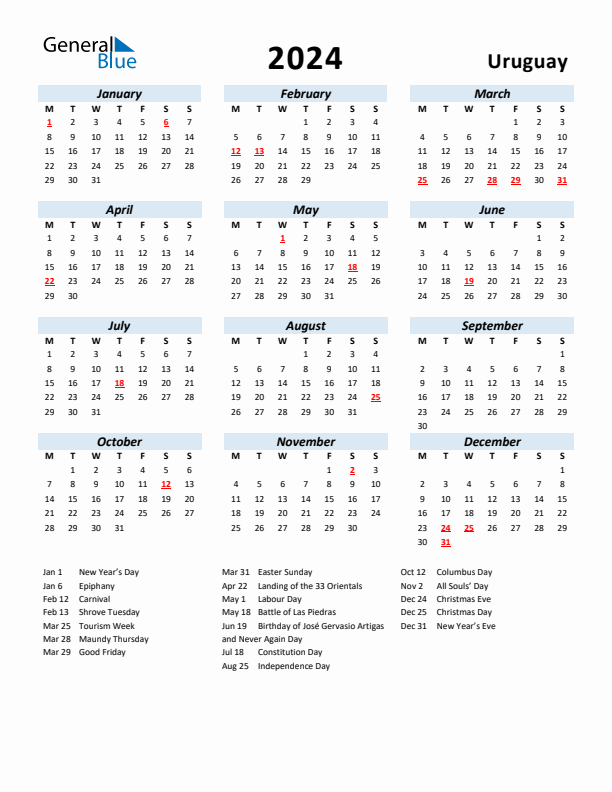 2024 Calendar for Uruguay with Holidays