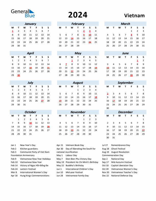 2024 Calendar for Vietnam with Holidays