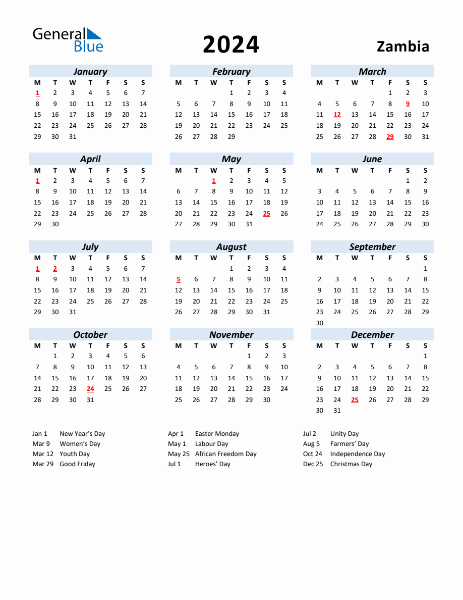 2024 Yearly Calendar for Zambia with Holidays