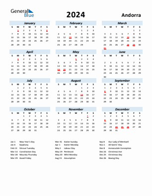 Andorra current year calendar 2024 with holidays