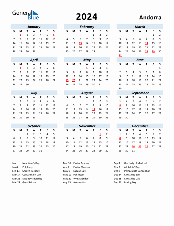 2024 Calendar for Andorra with Holidays