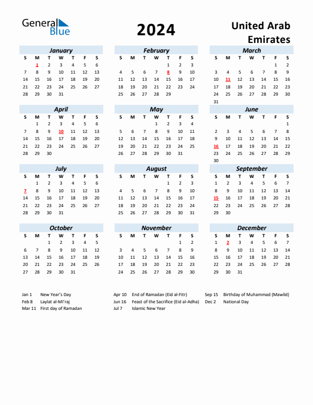2024 Calendar for United Arab Emirates with Holidays