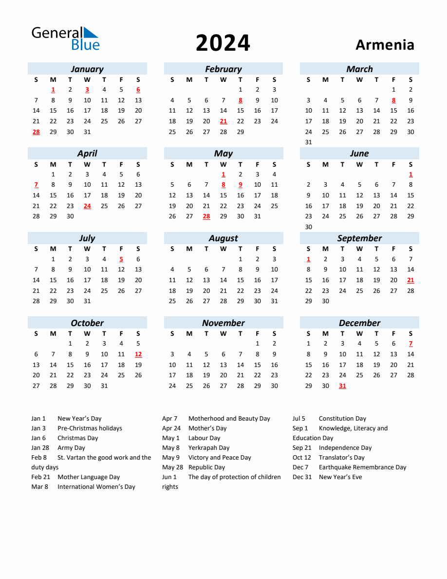 2024 Yearly Calendar for Armenia with Holidays