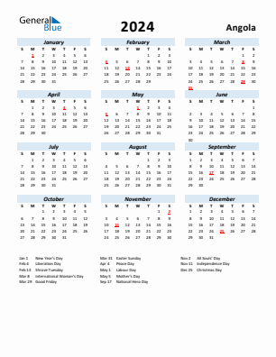 Angola current year calendar 2024 with holidays