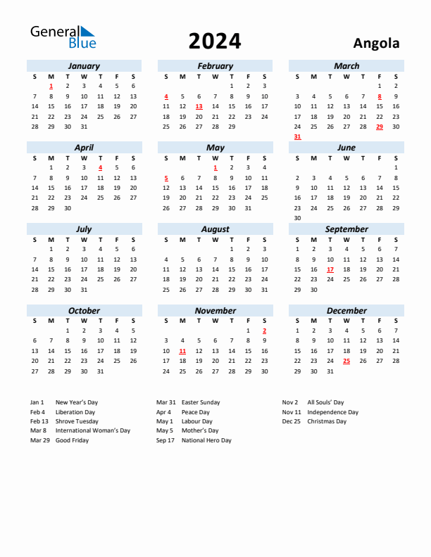 2024 Calendar for Angola with Holidays