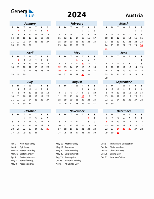2024 Calendar for Austria with Holidays