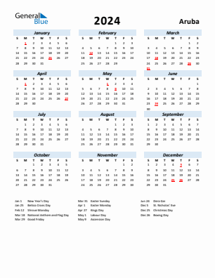 Aruba current year calendar 2024 with holidays