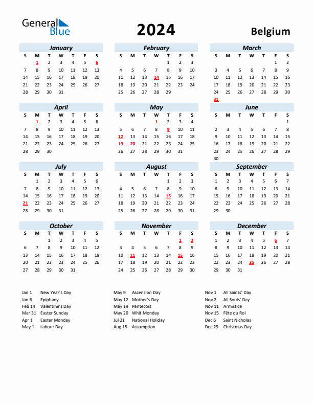 2024 Calendar for Belgium with Holidays