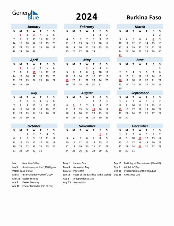 2024 Calendar for Burkina Faso with Holidays