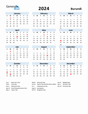 Burundi current year calendar 2024 with holidays