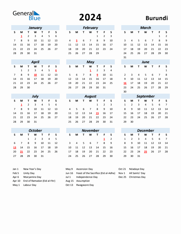 2024 Calendar for Burundi with Holidays