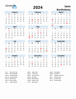 Saint Barthelemy current year calendar 2024 with holidays