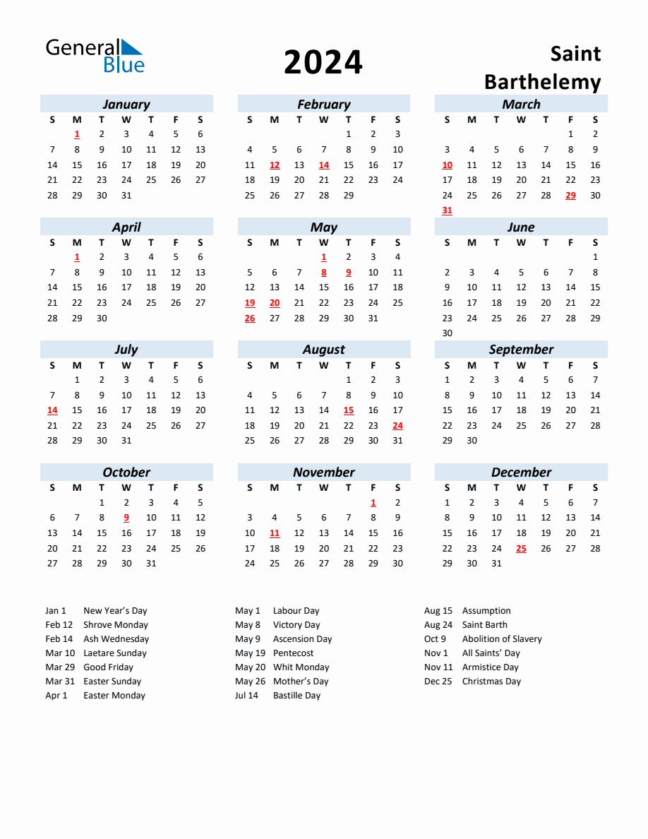 2024 Yearly Calendar for Saint Barthelemy with Holidays