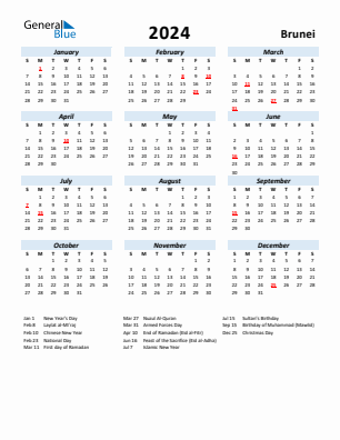 Brunei current year calendar 2024 with holidays