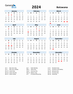 Botswana current year calendar 2024 with holidays