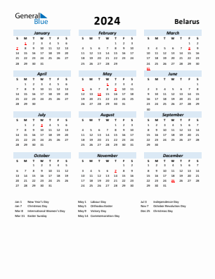 Belarus current year calendar 2024 with holidays