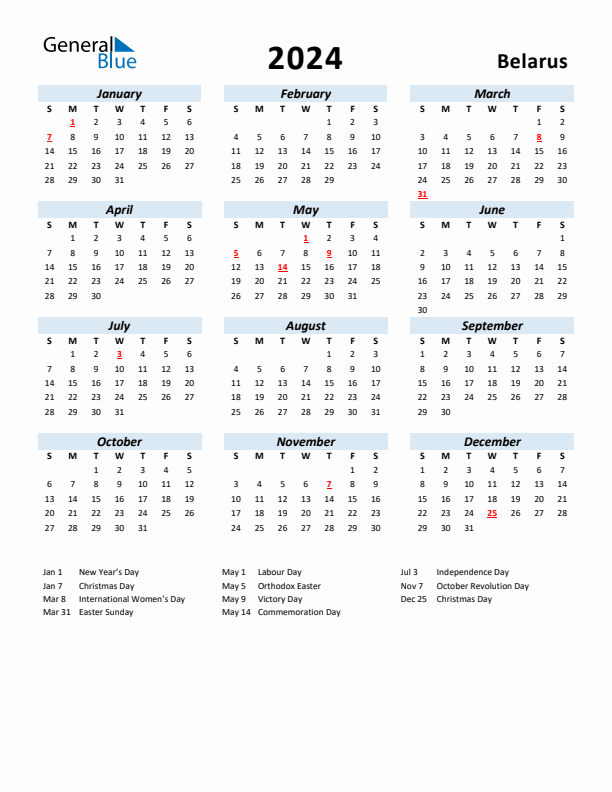 2024 Calendar for Belarus with Holidays
