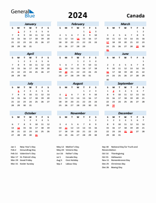 Canada current year calendar 2024 with holidays