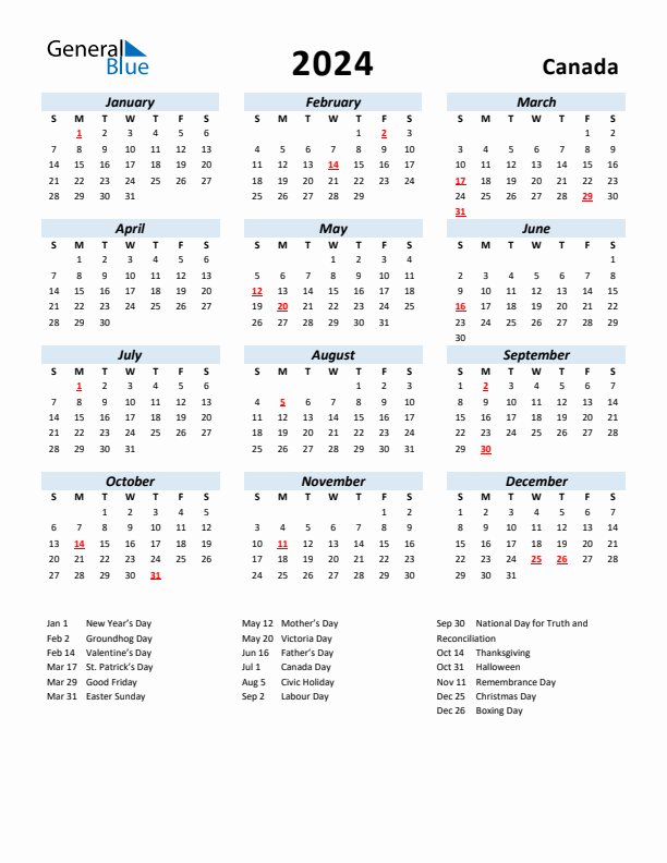 2024 Calendar for Canada with Holidays