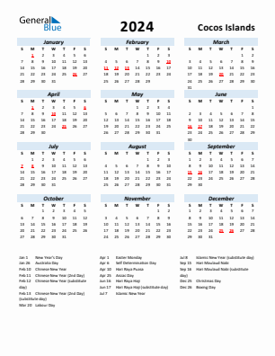 Cocos Islands current year calendar 2024 with holidays