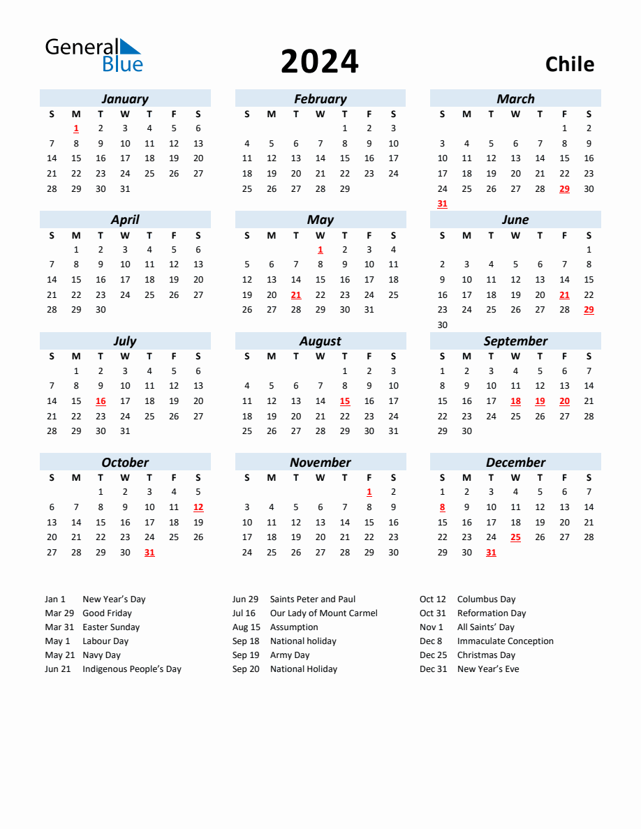 2024 Yearly Calendar for Chile with Holidays