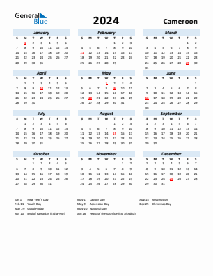 Cameroon current year calendar 2024 with holidays