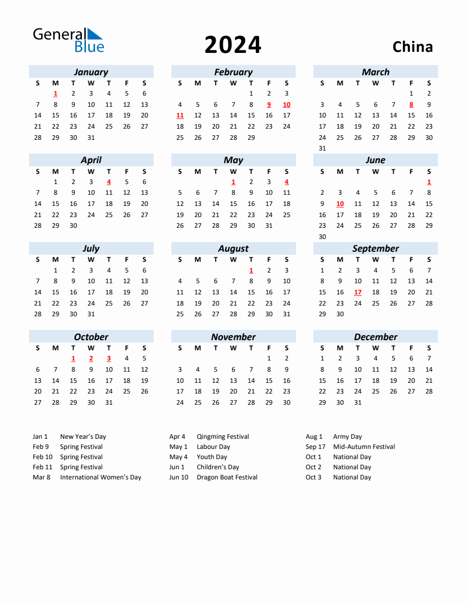 2024 Yearly Calendar for China with Holidays